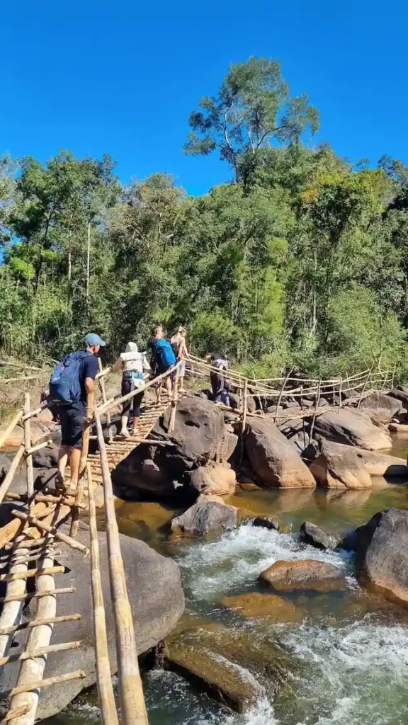 crossing a bamboo bridge tad tayicseua valley