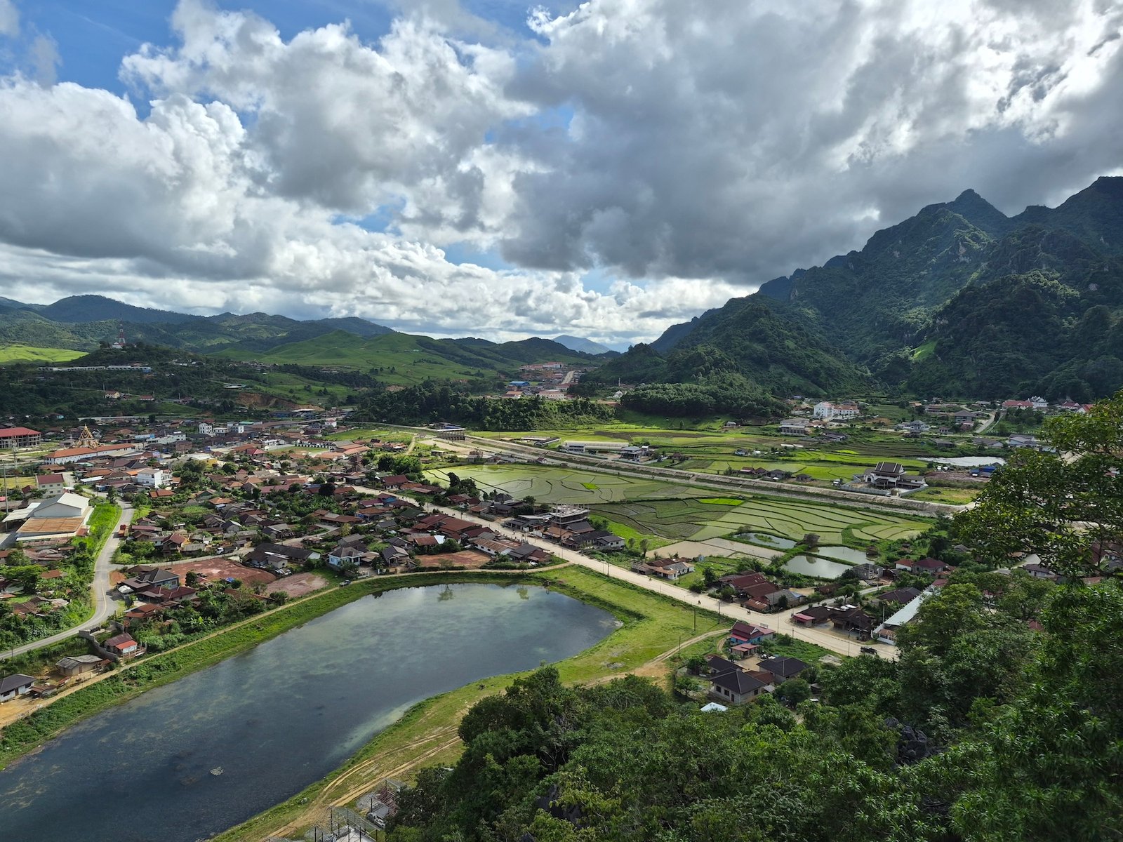 Anouvong surrounded by mountains as seen from Neng Ye Lor Viewpoint