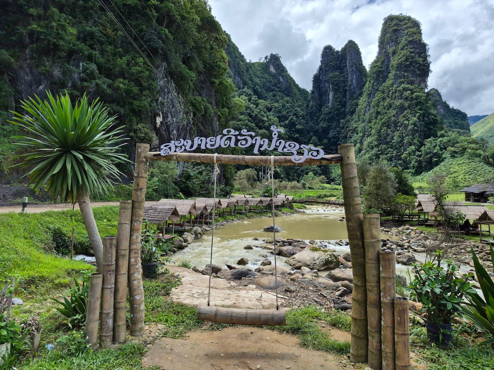 Bamboo huts beside the river at Wang Nam Kiaw in Xaysomboun Province